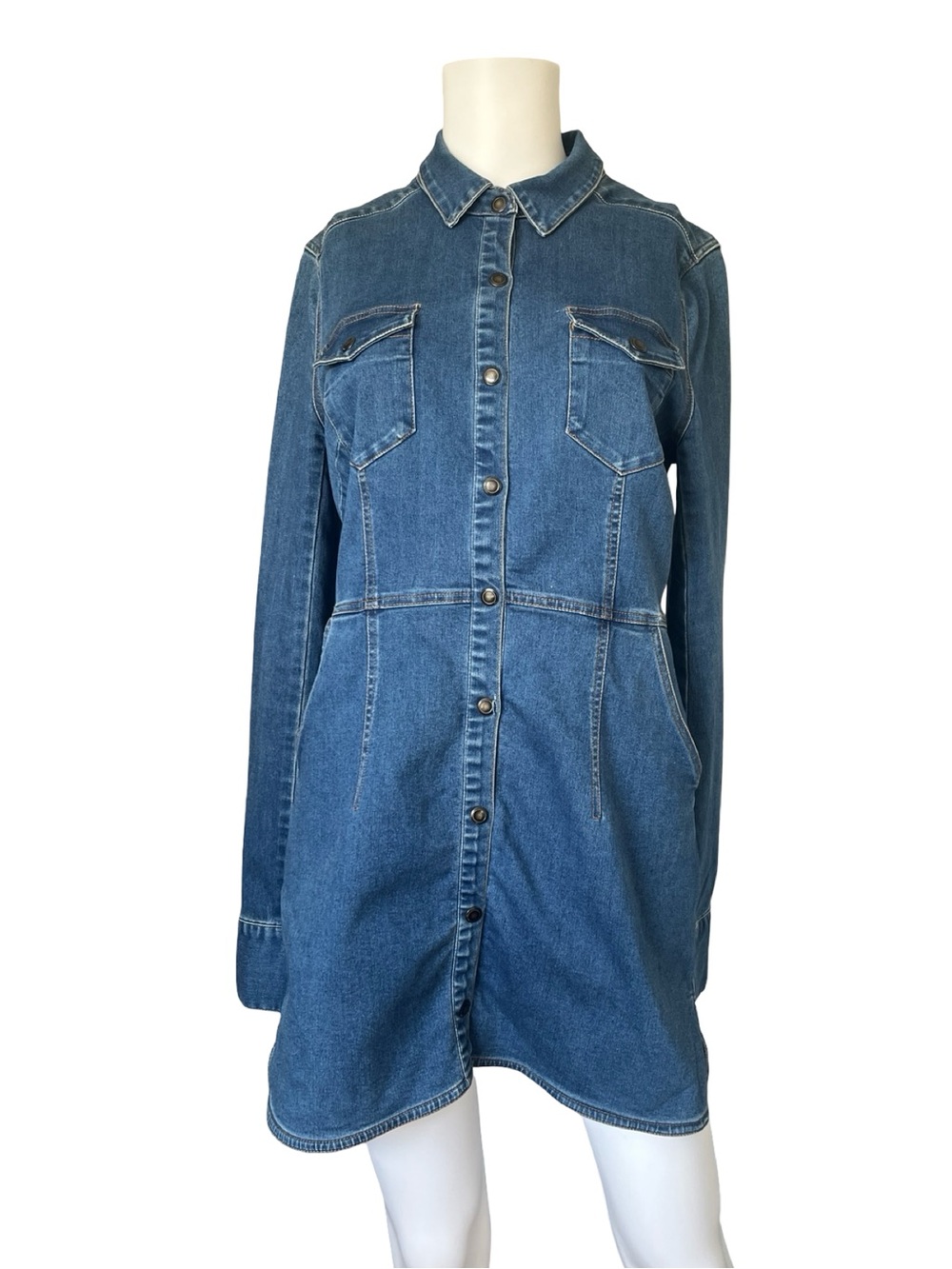 Free People Dynomite Denim Mini Dress Long Sleeve Snap Button Womens Size Medium